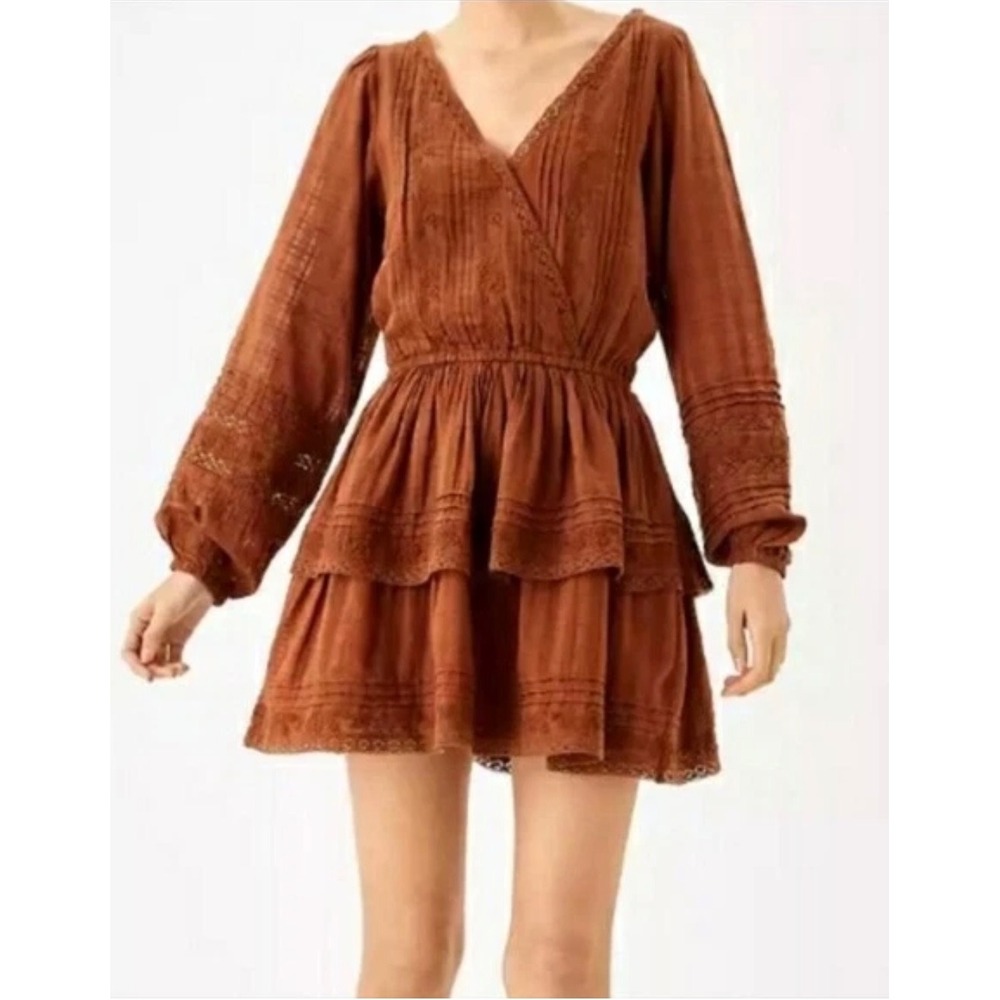 American Eagle Brown Embroidered Wrap Front Mini Dress Long Sleeve Boho Medium